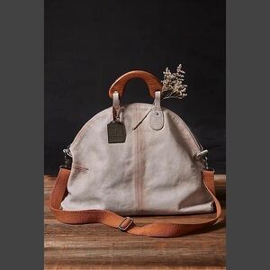 Free People Cream Leather Tote with Brown Wood Handles and Orange Strap